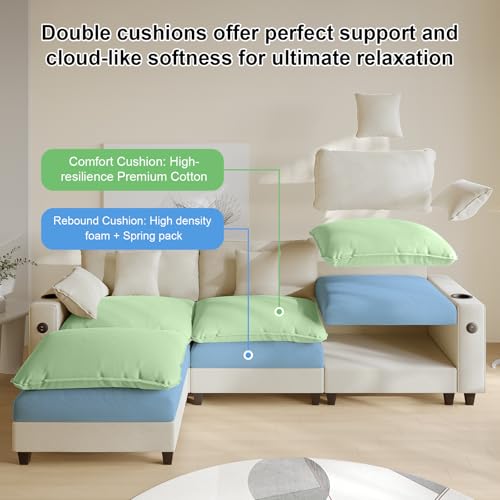Modular Sectional Sofa, Cloud Couch with Ottoman, Charging Station, Throw Pillows, Cup Holders, Modern Convertible U Shaped Couches for Living Room