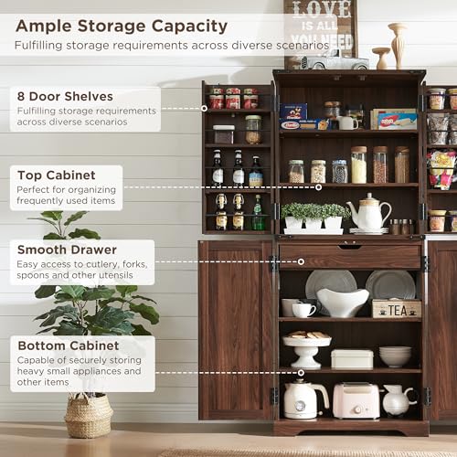72" Tall Kitchen Pantry, Farmhouse Storage Cabinet with Barn Doors, Organizer, Drawer and Adjustable Shelves, Rustic Wood Cupboard for Kitchen