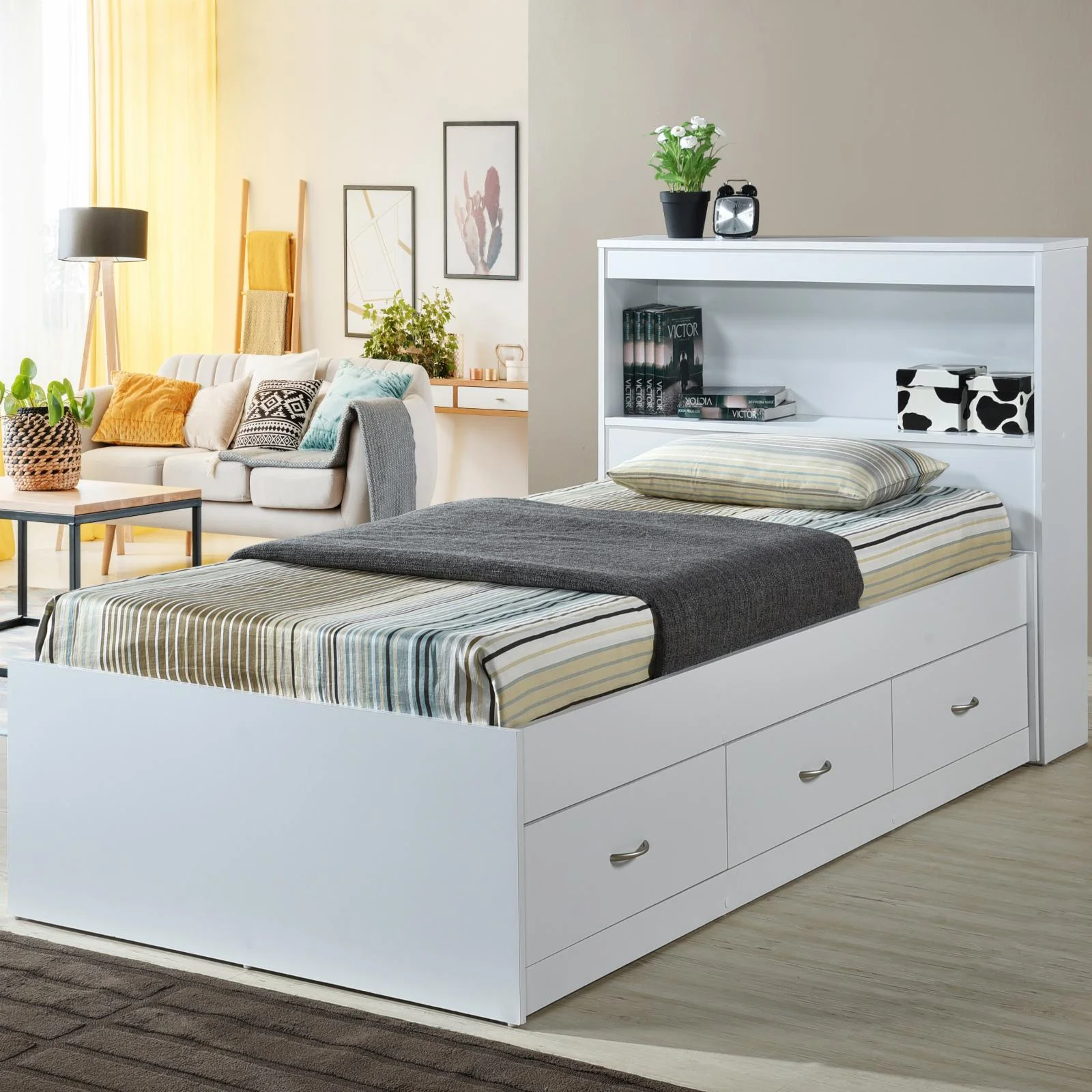 Hodedah Twin Size Captain Bed with 3 Drawers and Headboard in Black Wood