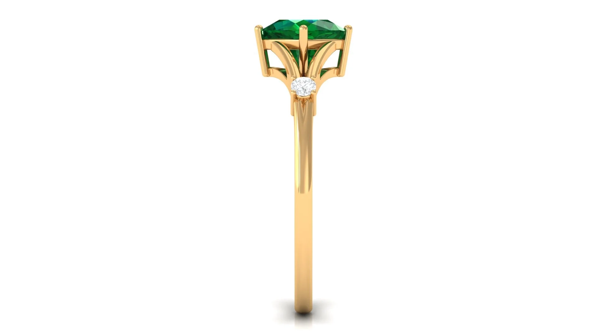 Cushion Cut Lab Grown Emerald Solitaire Ring with Diamond - 6 mm, 14K Yellow Gold, US 9.50