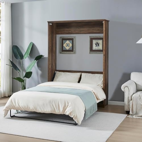 MERITLINE Queen Size Murphy Bed with Storage Bookcase Shelves,Cabinet and Charging Station,Wood Folding White Murphy Wall Bed