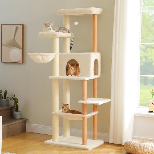 PAWZ Road Large Cat Tree, 73 Inches Tall Wooden Cat Tower with 2 Spacious Hammocks,2 Big Top Beds,8 Fully Scratching Posts and Natural Wood Posts