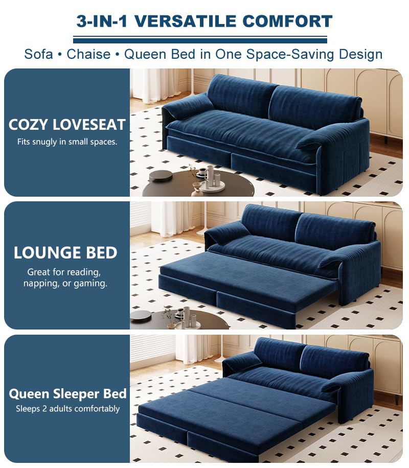70.1" Futon Sofa Bed Queen Size, Pull Out Bed, 3-in-1 Convertible Sleeper Sofa with 2 Soft Pillows, Modern Velvet Futon Couch for Living Room