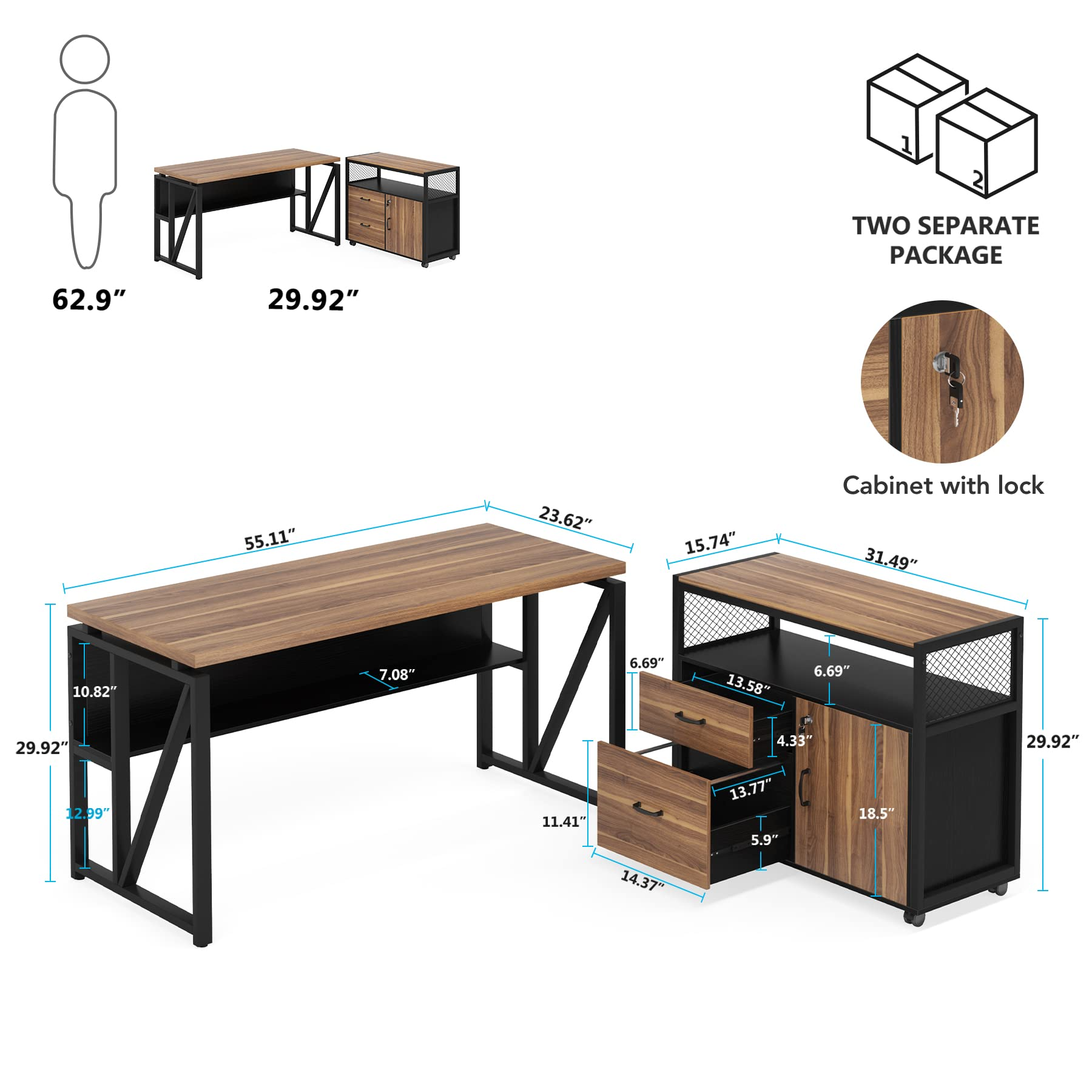 【Furniture】L Shaped Desk with Drawer Cabinet, 55" Executive Computer Desk and lateral File Cabinet