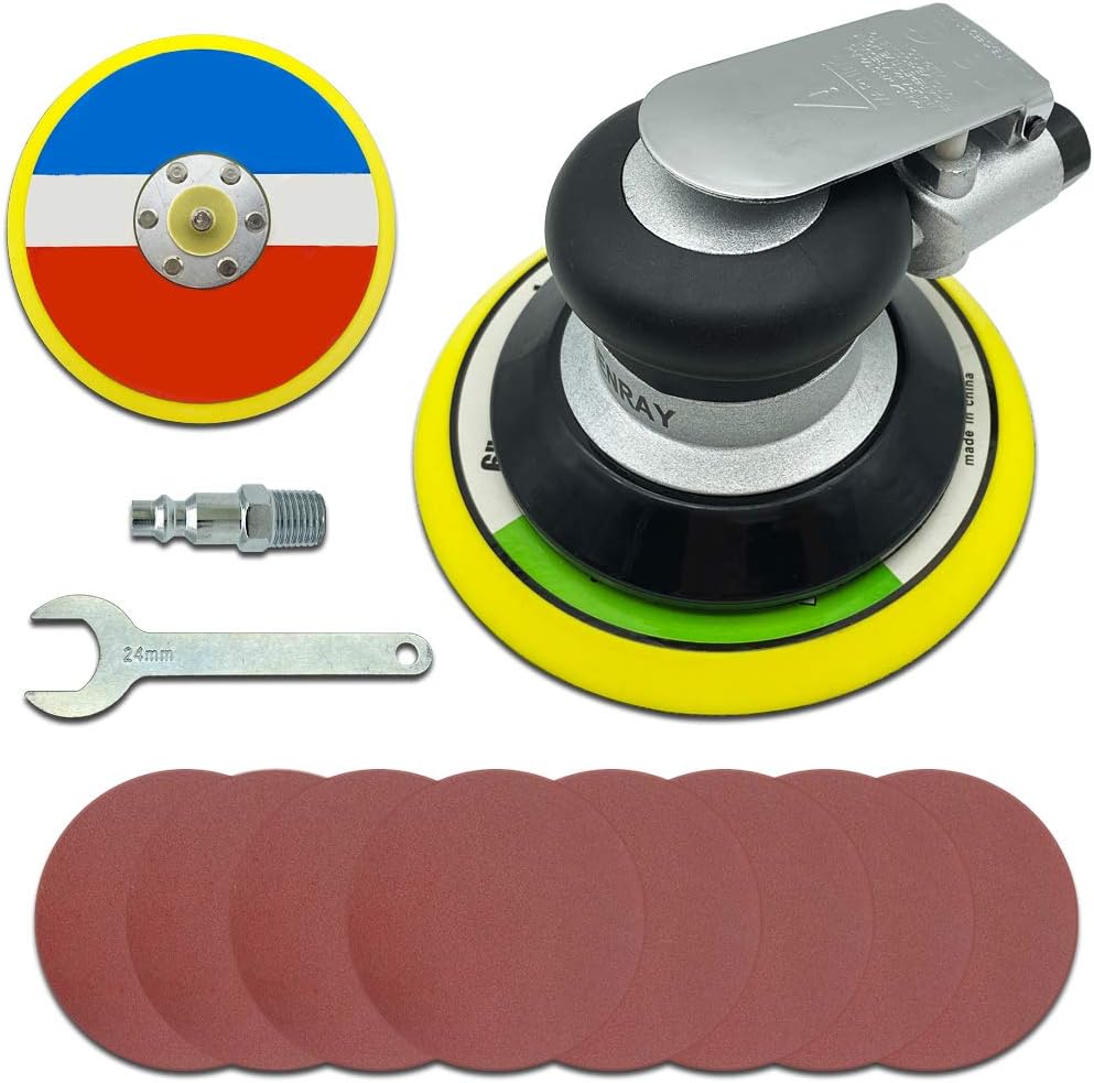 Senray Professional Air Random Orbital Palm Sander, 6-Inch Heavy Duty Dual Action Pneumatic Sander with 1pc Spare Plate, 8Pcs Sandpapers Pack of 2
