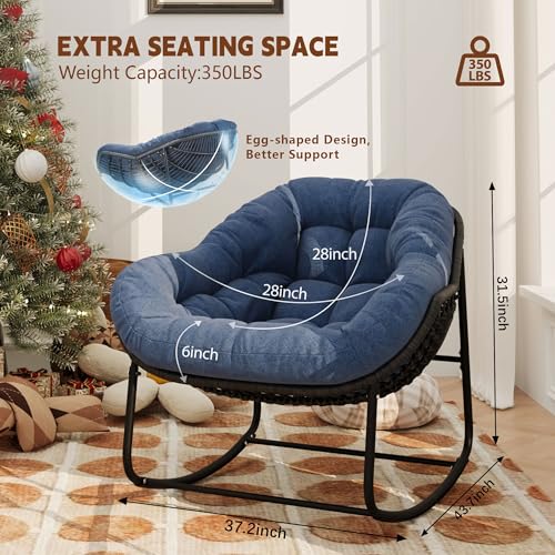 Outdoor Indoor Rocking Chair, Patio Wicker Egg Chair, Indoor & Outdoor Comfy Oversized Papasan Chair with Padded Cushion