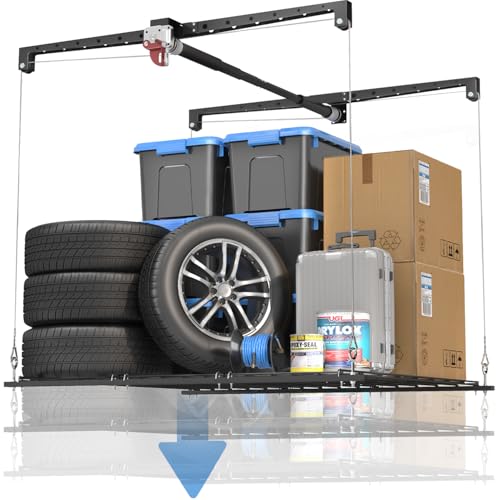 Overhead Garage Storage Rack, Heavy-duty 4x4 Ft Ceiling Storage Racks with Safety Lock