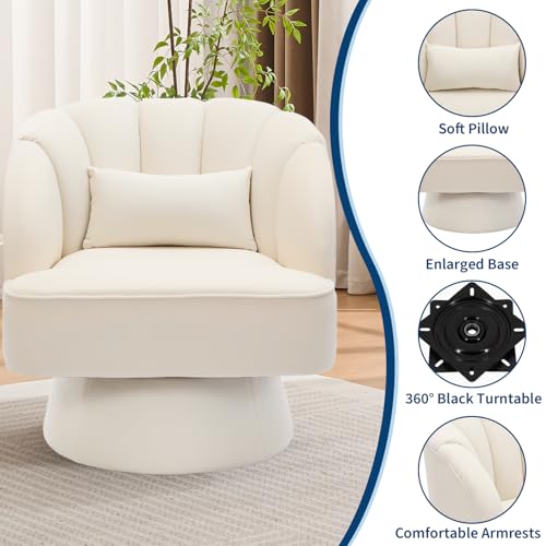 GarveeHome Modern Swivel Barrel Accent Chair, 360° Teddy Fabric Upholstered Armchair with Striped Backrest & Plush Padding