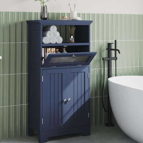 ChooChoo Bathroom Floor Storage Cabinet with Flip Glass Drawer, Freestanding with 2 Doors, Adjustable Shelf & 1 Open Storage for Living Room, Hallway