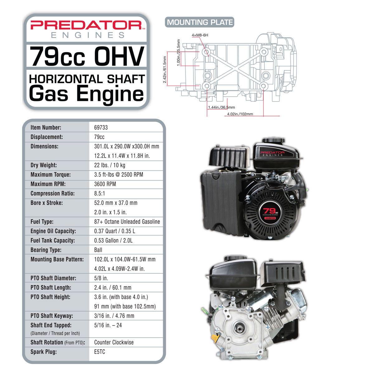 PREDATOR 3 HP (79cc) OHV Horizontal-Shaft Gas Engine, EPA