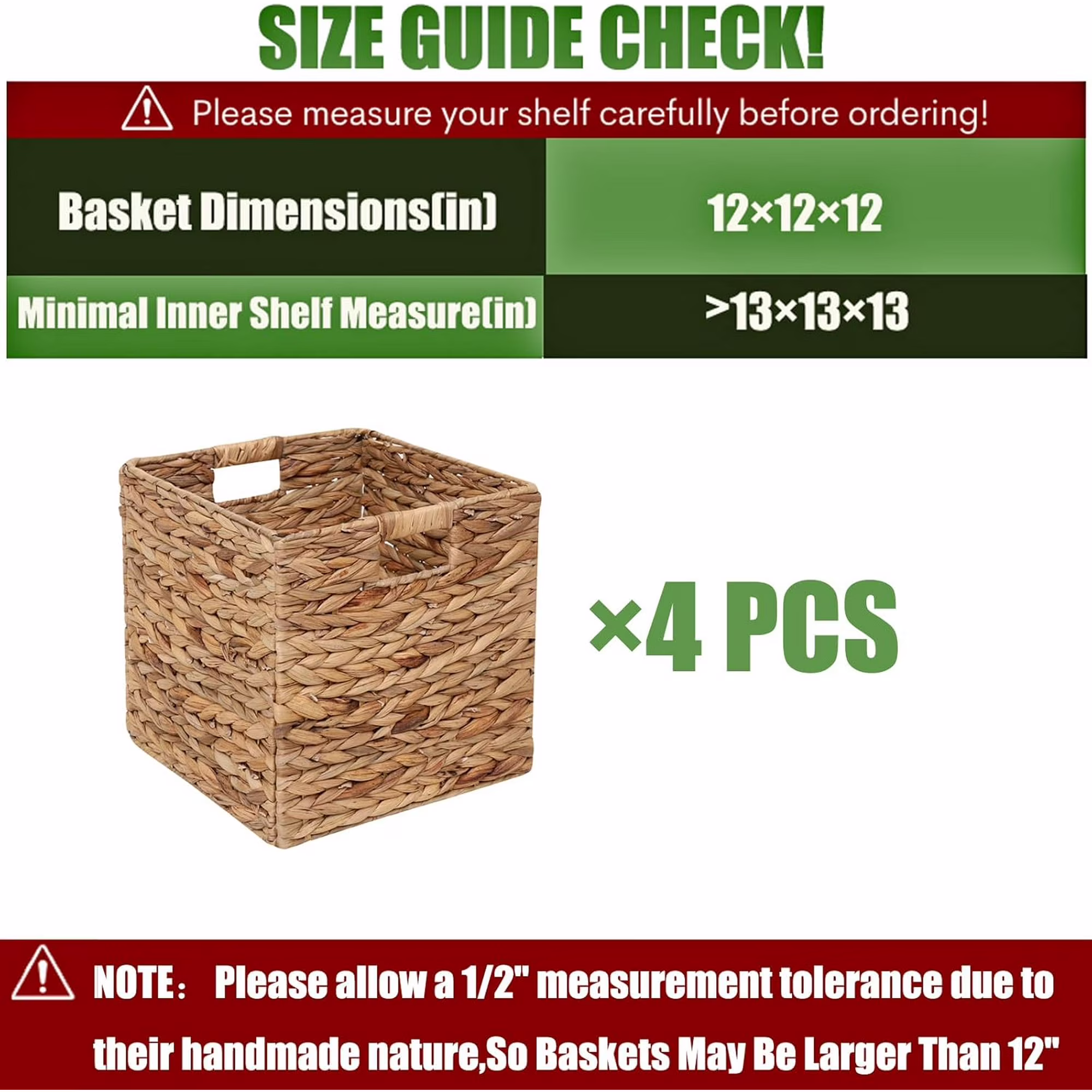 Foldable Handwoven Water Hyacinth Storage Baskets, Set of 4 Pcs, 12x12x12inch Rectangular Laundry Organizer