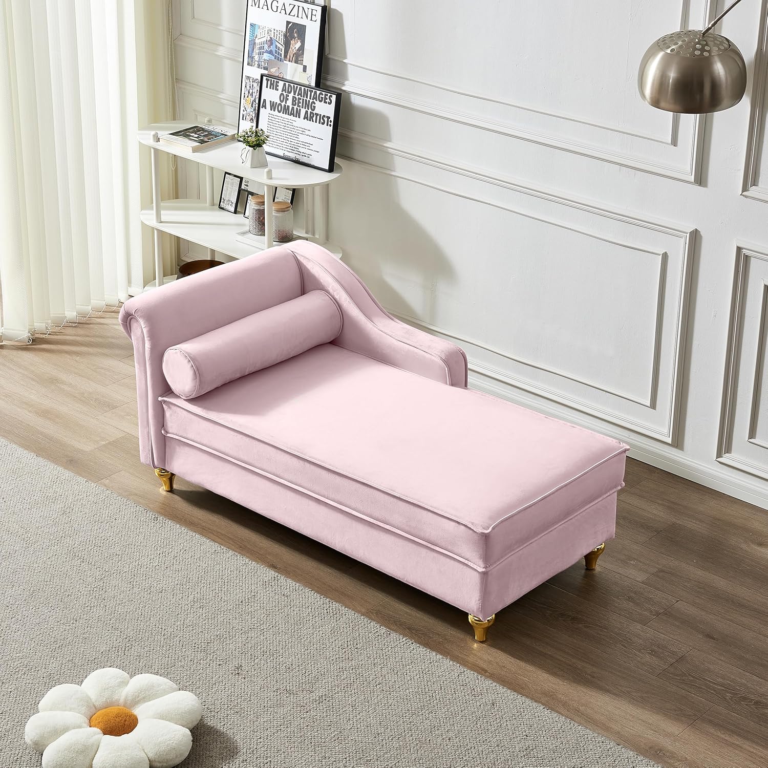 60.6" Modern Upholstery Chaise Lounge Chair with Storage, Velvet Corner Couch Daybed with Gold Metal Legs