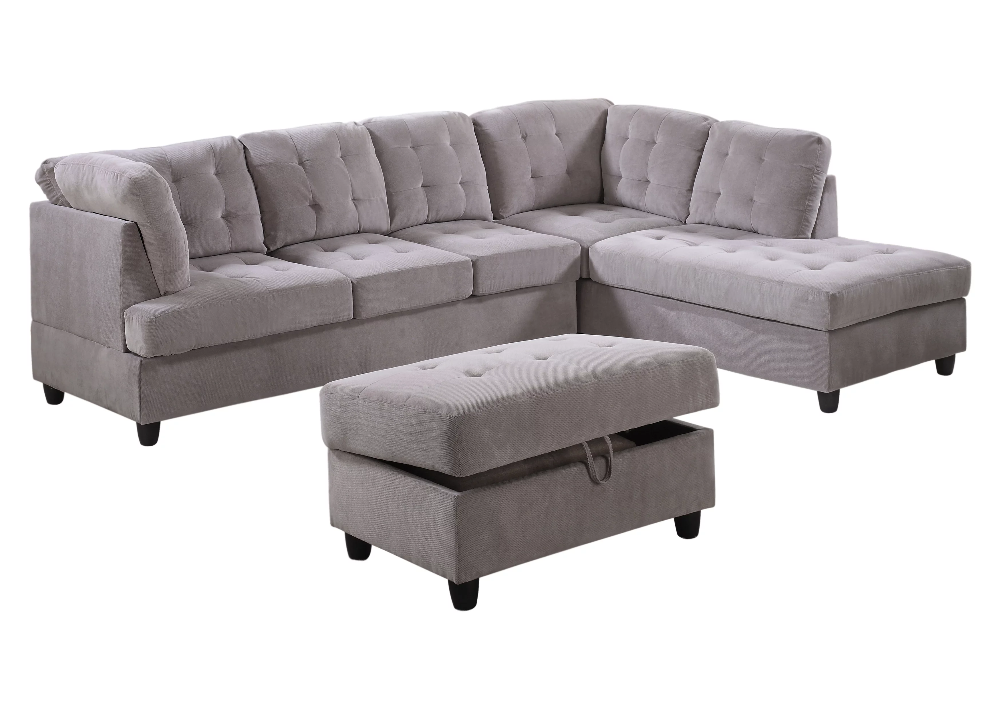 Ponliving Furniture_Corduroy L Shape Sectional Sofa with Storage Ottoman, Dove Gray, Right Hand Facing Chaise