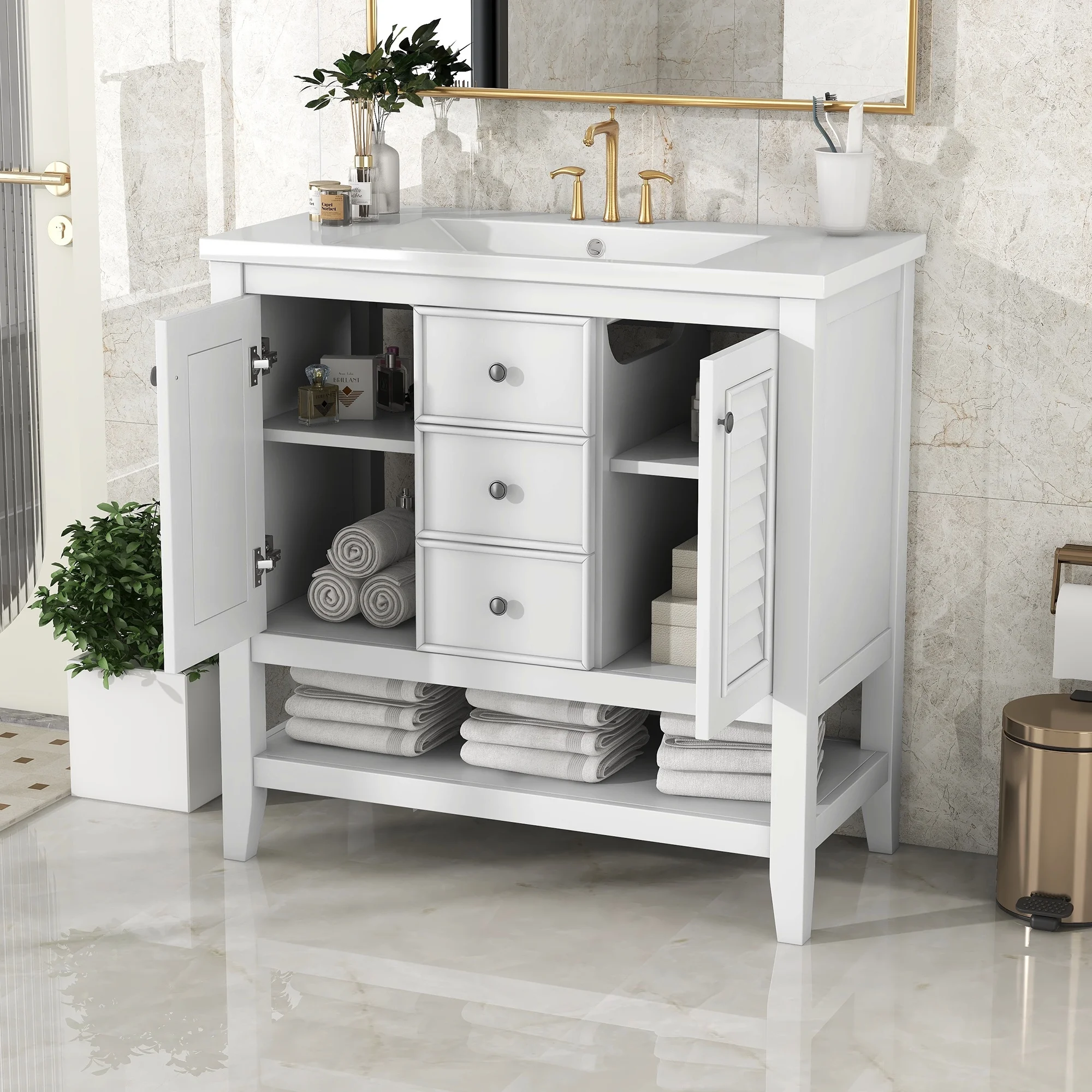 EUROCO 36" Bathroom Vanity with Ceramic Basin,Modern Freestanding Bathroom Storage Cabinet with 3 Drawers , 2 Doors and Open Shelf,Solid Wood Frame
