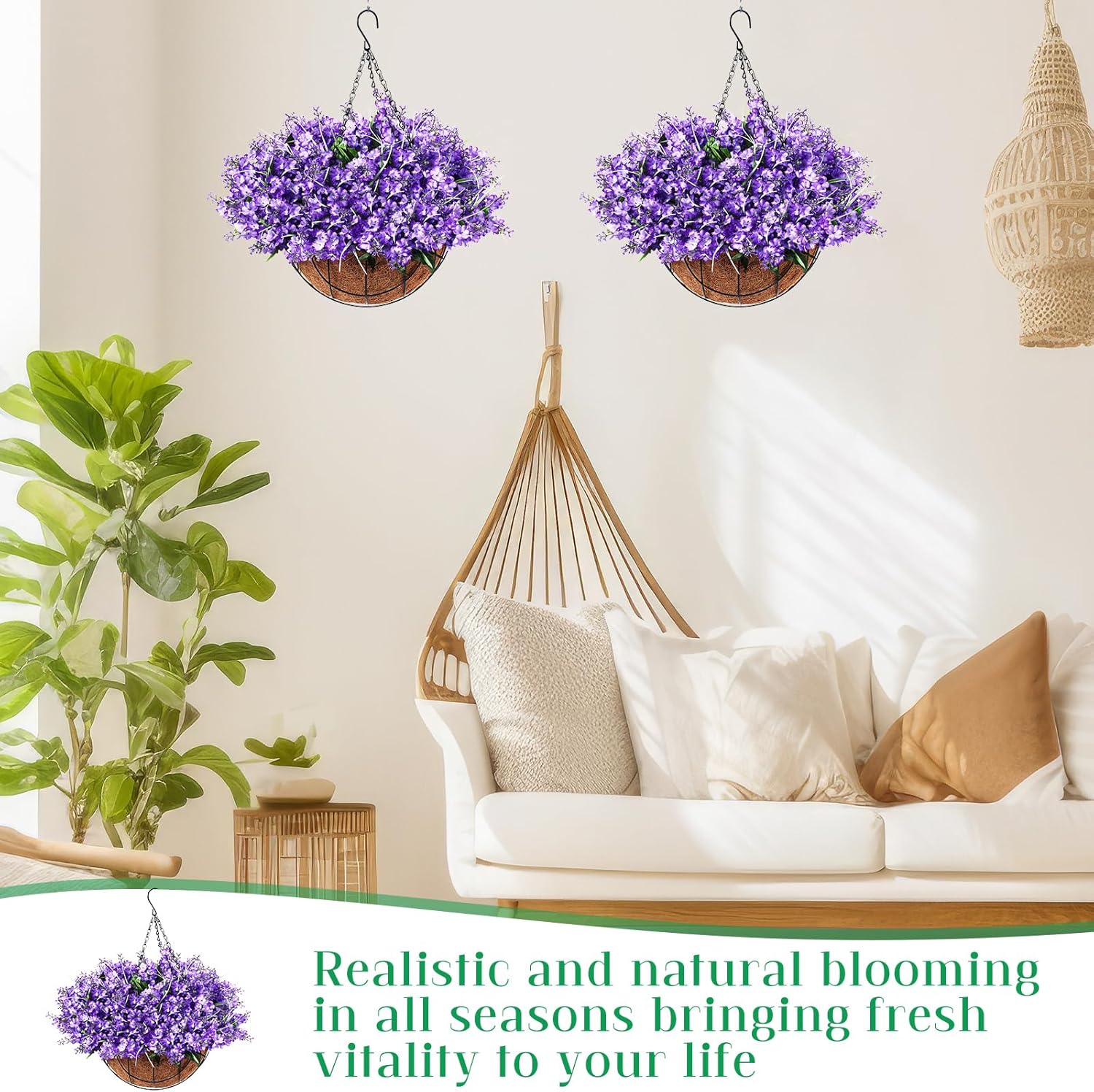 2 Pack Artificial Hanging Flowers in Basket for Spring Summer Porch Home Garden Yard Decoration Faux Hyacinth Arrangement Fake Plants in 12 Inch
