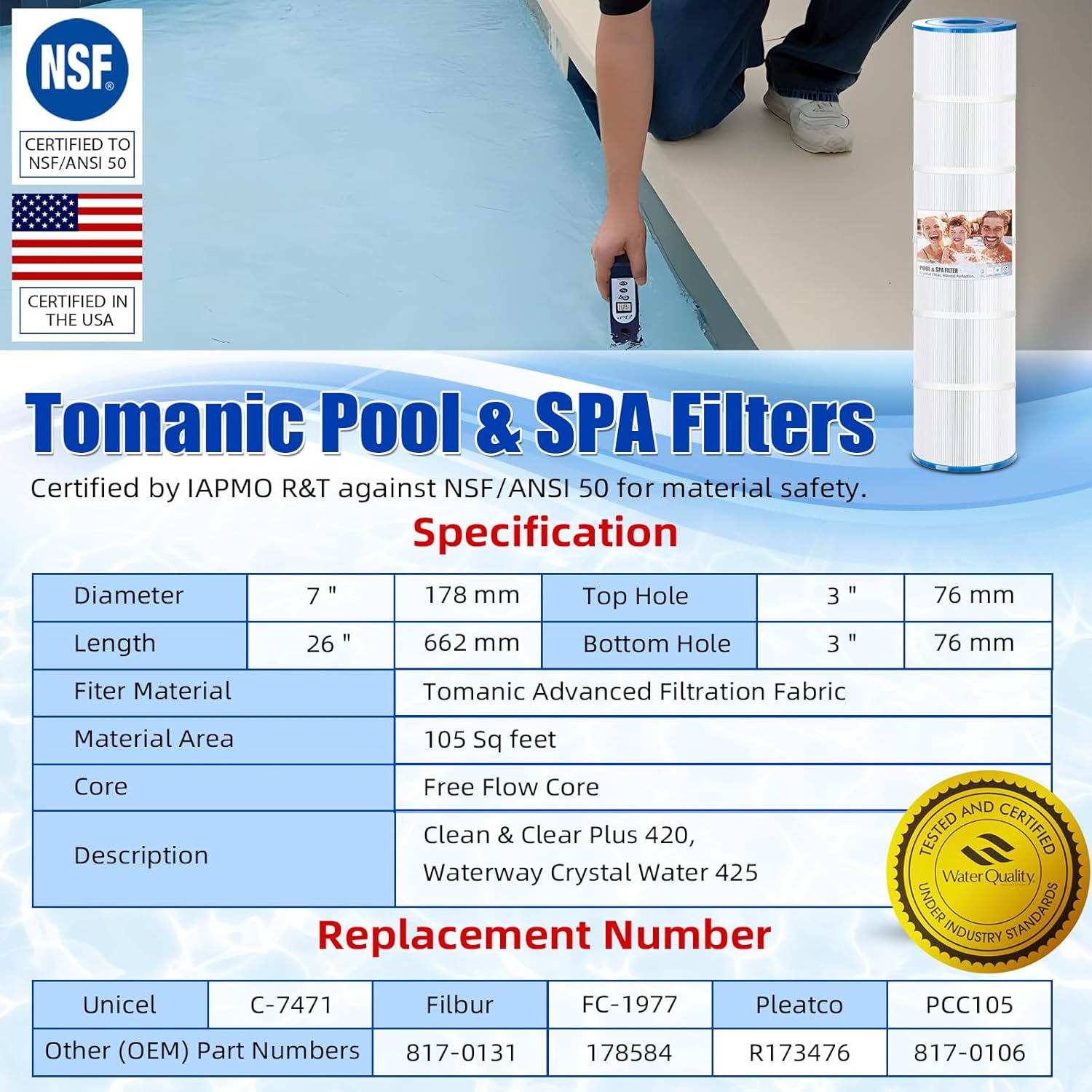 4 Pack Pool Filter Cartridges Replace Unicel C-7471, Filbur FC-1977, Pentair 178584 , 160301, Pleatco PCC105 Clean & Clear Plus 420