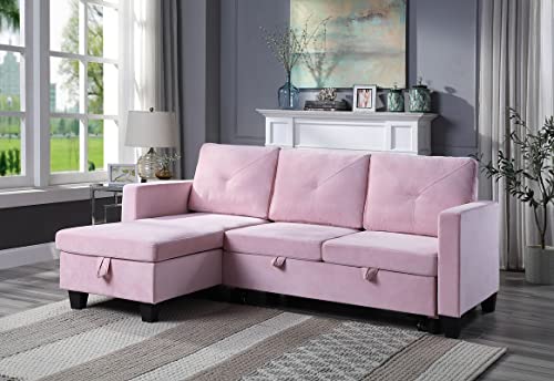 Bibury Reversible Sleeper Sectional Sofa with Storage Chaise in Velvet Fabric (Pink)