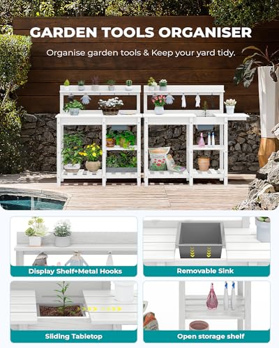 SERWALL Potting Bench Outdoor Potting Table with Sink, HDPE Potting Benches for Outside Gardening Table All Weather Use- Black