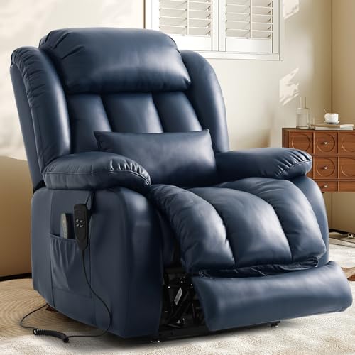 EDILLY Large Genuine Leather Power Lift Recliner Chairs for Elderly, Dual Motor with Massage and Heating,Double Lumbar Cushion and Extended Footrest