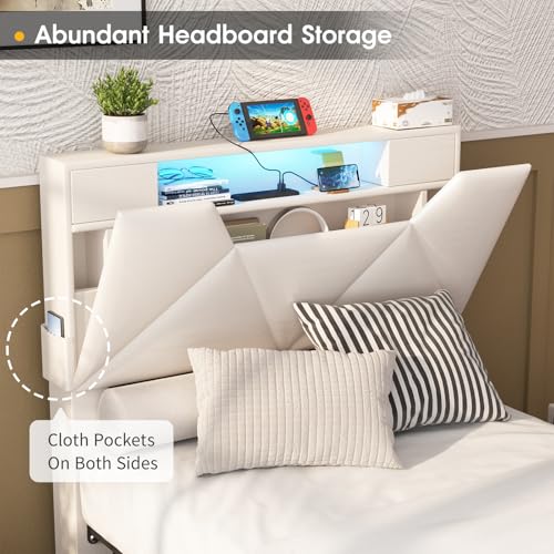 Vabches Queen Bed Frame with Storage Headboard and 4 Drawers,Upholstered Platform with Charging Station and Led Lights,Adjustable Headboard