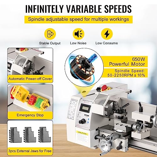 VEVOR Mini Metal Lathe - 8"x14", Variable Speed 2250 PRM, 650W Precision Lathe for Various Metal Types