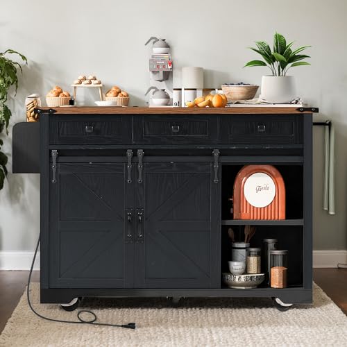 53.7" Farmhouse Kitchen Island with Drop Leaf,2 Drawers,Kitchen Storage Island with Power Outlet,Spice Rack