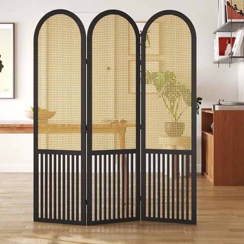 Room Divider and Folding Privacy Screens, Pine Wood 5.6 Ft Double Hinged Rattan Partition Freestanding Wall Room Divider for Home - 3 Panels
