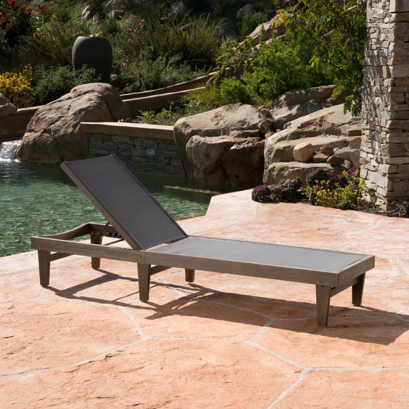 Azara Outdoor Acacia Wood and Mesh Chaise Lounge - Teak and White