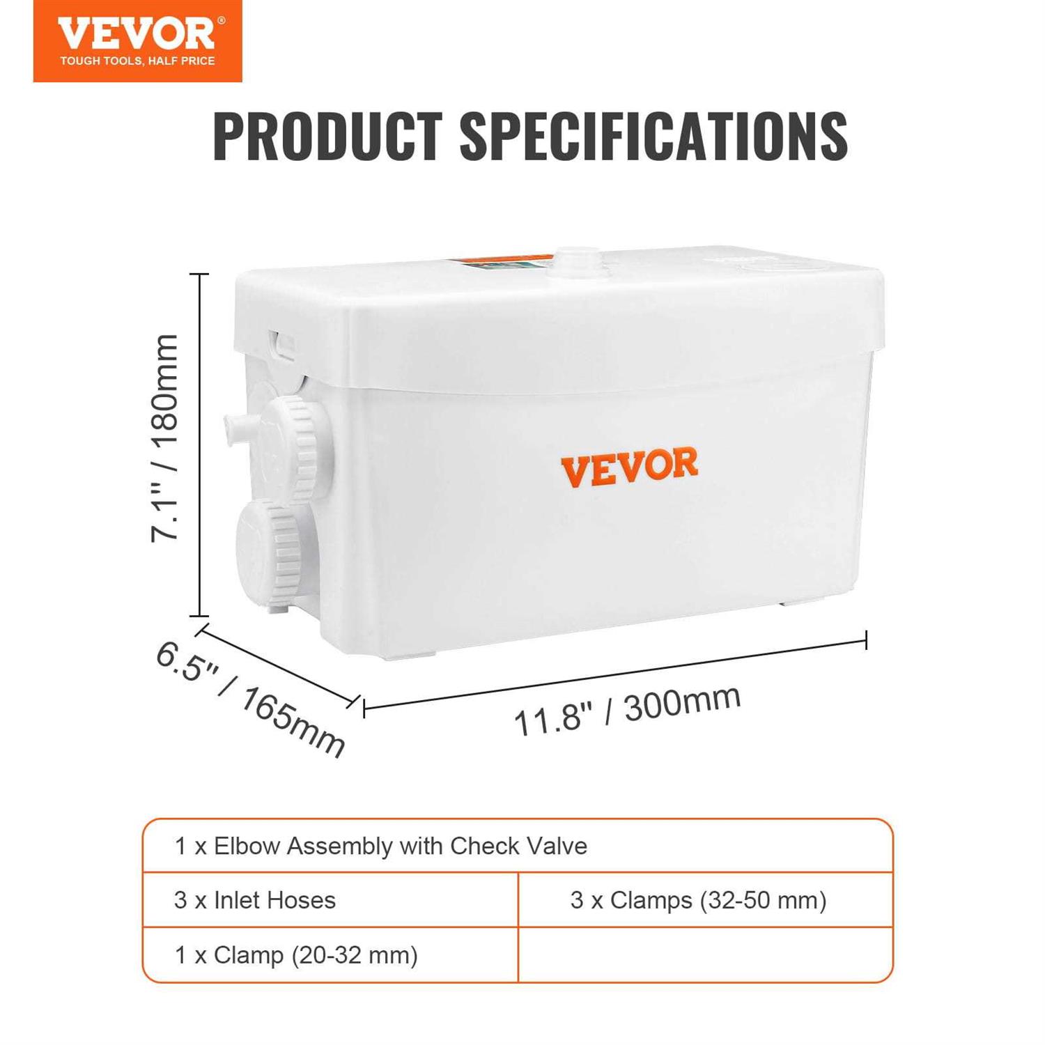 VEVOR Macerator Pump 350W 6000 L/h Flow 23 ft/7 m Head - Shop Hardware Tools Online Store