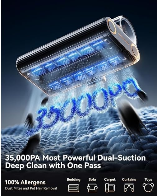 PureMatt Pro 35Kpa Max Suction AI Mattress Vacuum [100% Allergen, Dust Mite & Pet Hair Removal] Bed Vacuum Cleaner with UV Lights, Ultrasonic