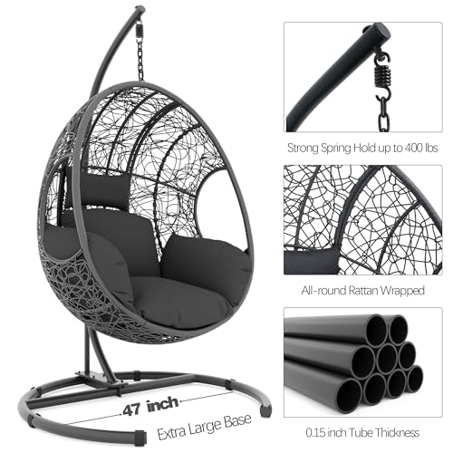 Oversized Hanging Egg Chair Outdoor Indoor, Wicker Swing Egg Chair with Stand 400lbs Capacity for Bedroom, Patio, Garden and Balcony (Beige-nest