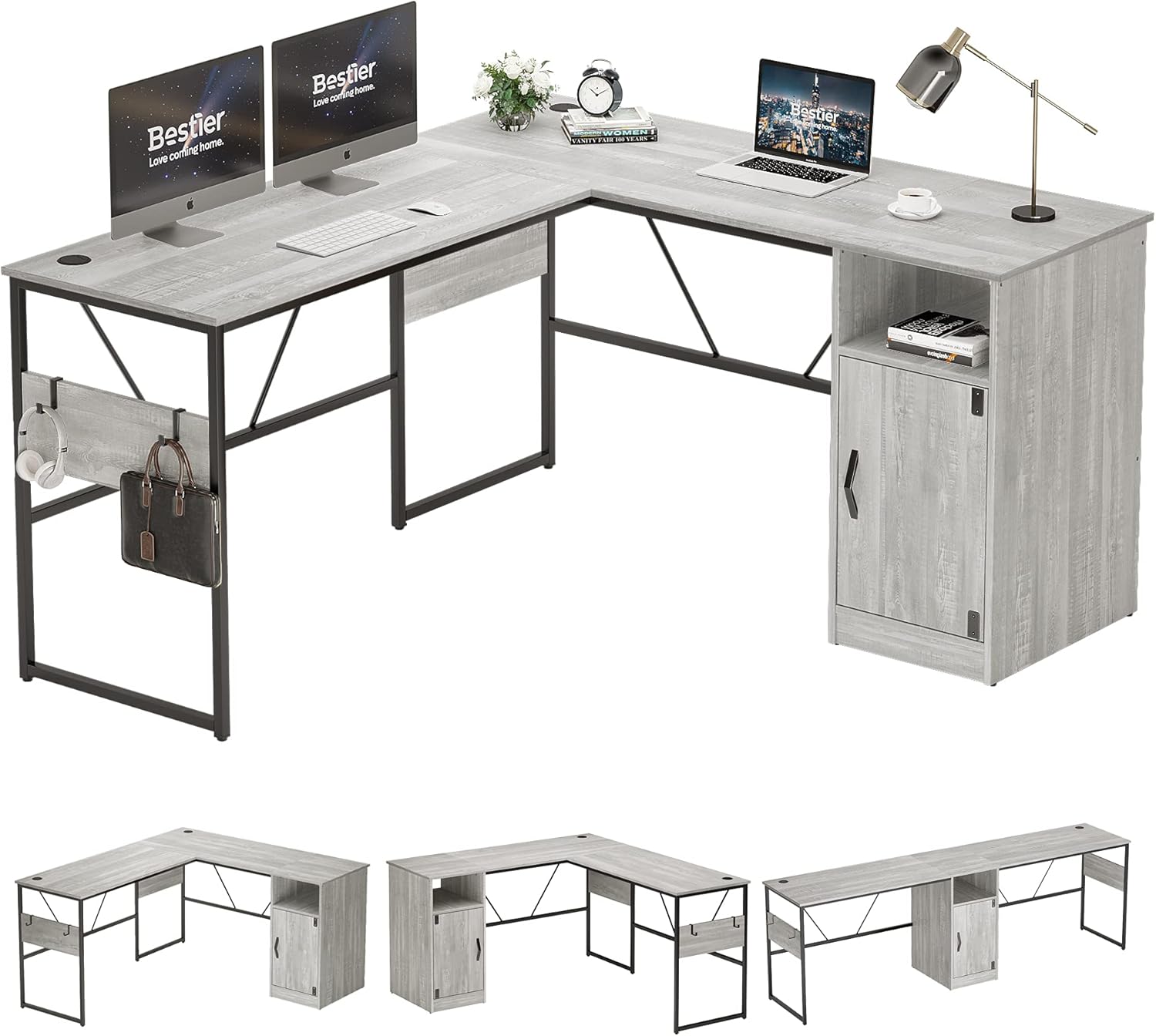 Bestier L Shaped Desk with Storage Cabinet 60 Inch Corner Desk Home Office Computer Desk Reversible or Modern Long Study Workstation Table for 2