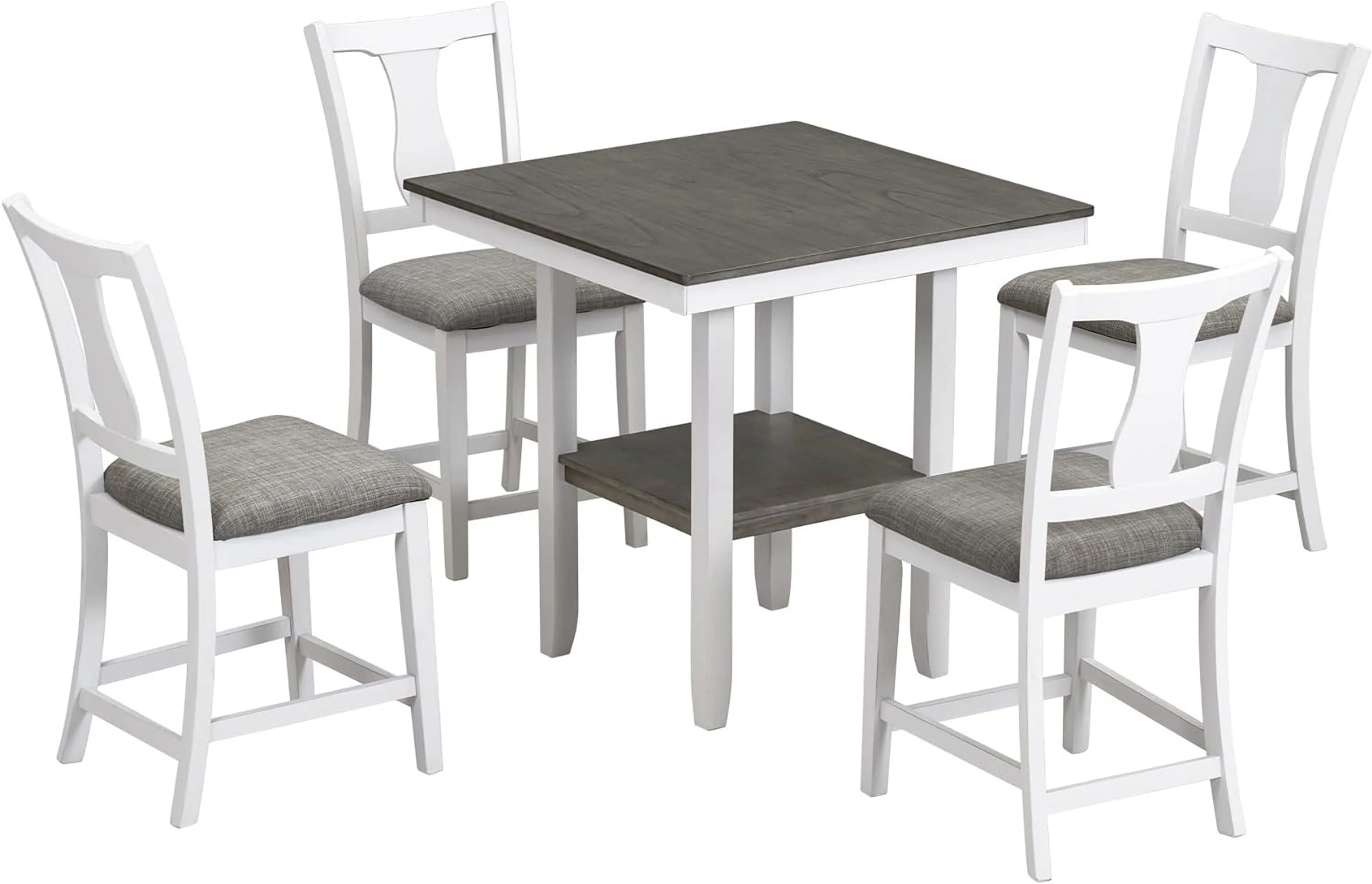5 Piece Farmhouse Dining Table Set For 4,Counter Height Kitchen Table Set With Storage Shelf, Square Table And 4 Upholstered Chairs For Small Space