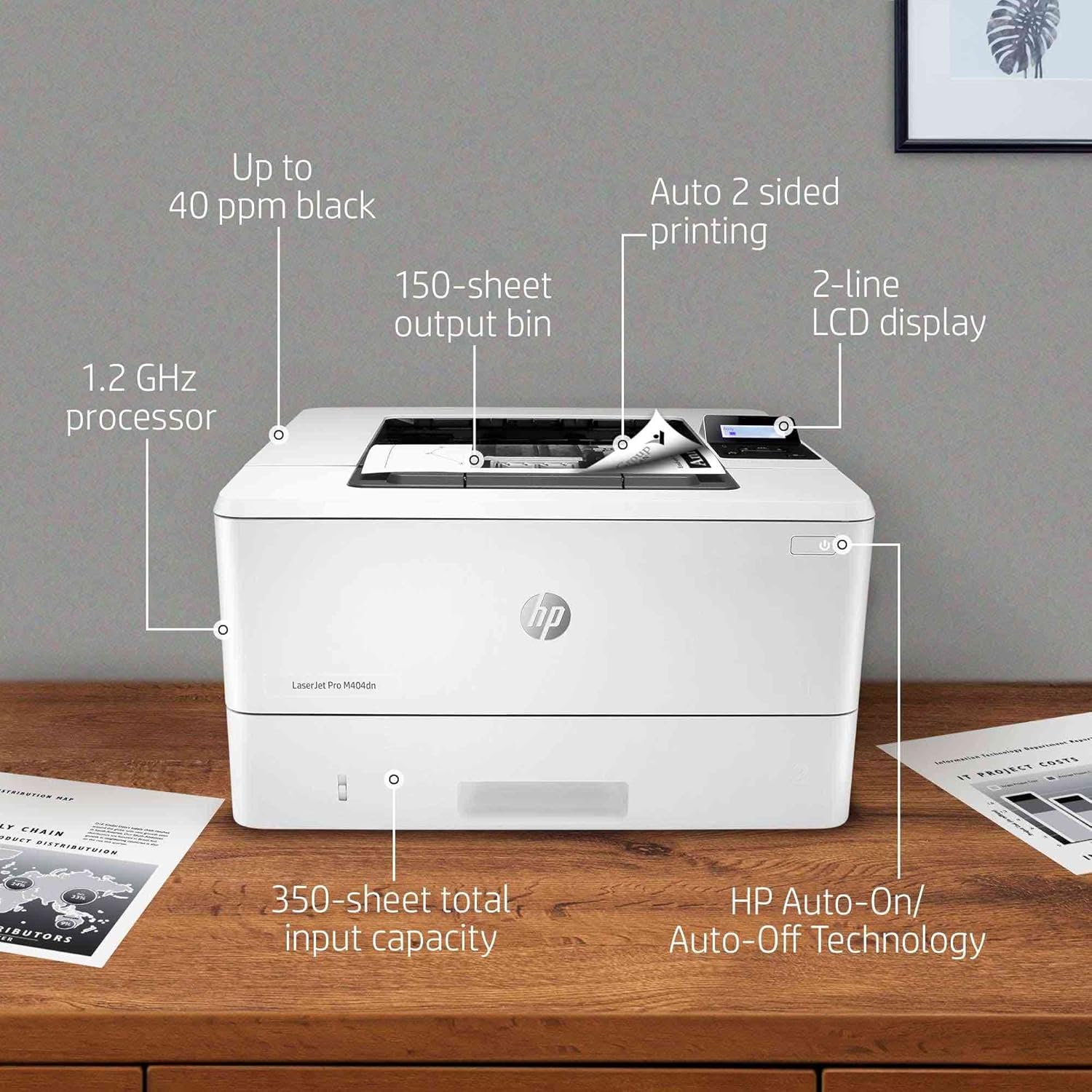 HP Laserjet Pro M404dn Single-Function Wired Monochrome Laser Printer, White - Print only - Ethernet only, 40 ppm, 1200 x 1200 dpi