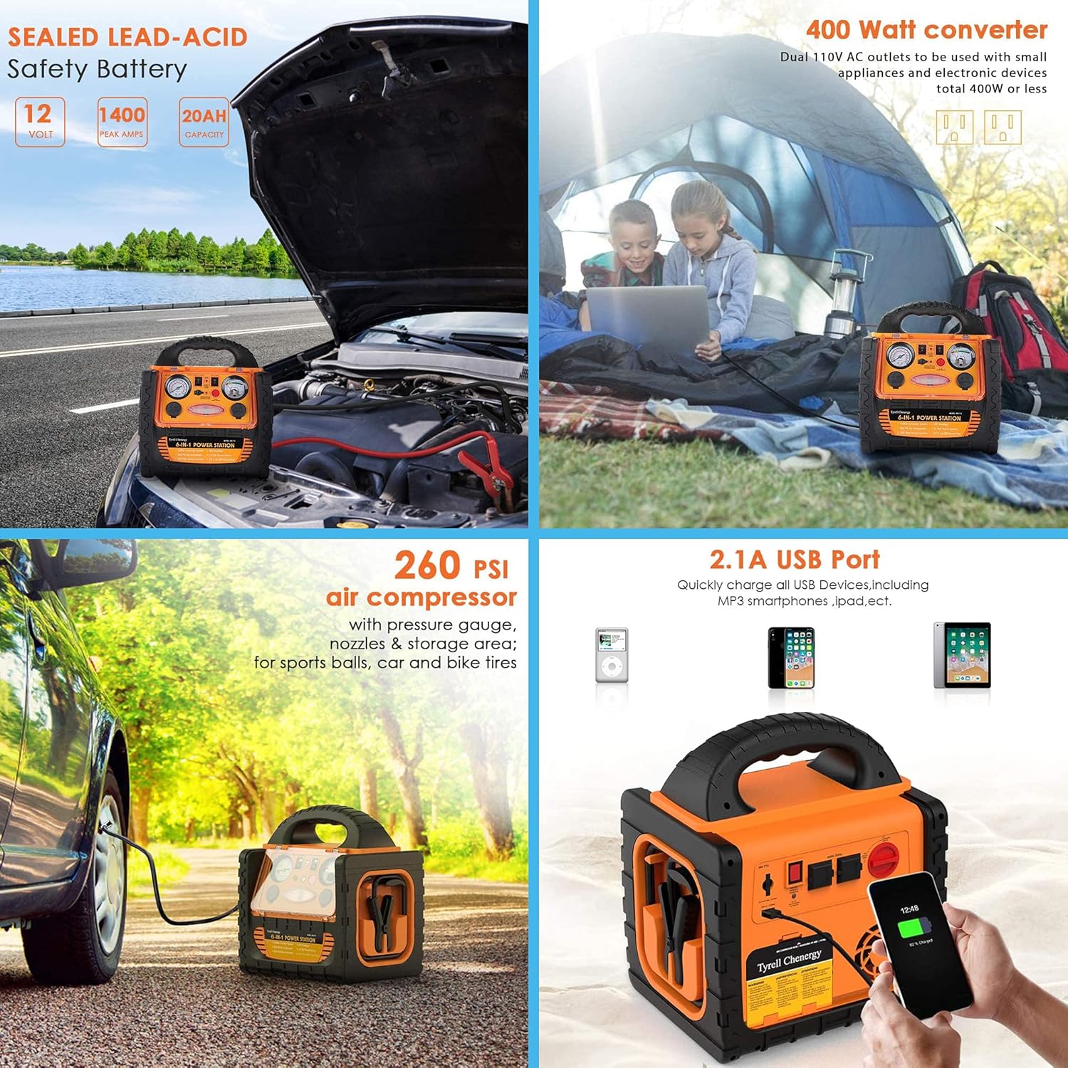 Portable Car Jump Starter 1400 Amp High Performance Power Station with Double AC 110 Volt Inverter Outlets 400W, 260 PSI Air Compressor