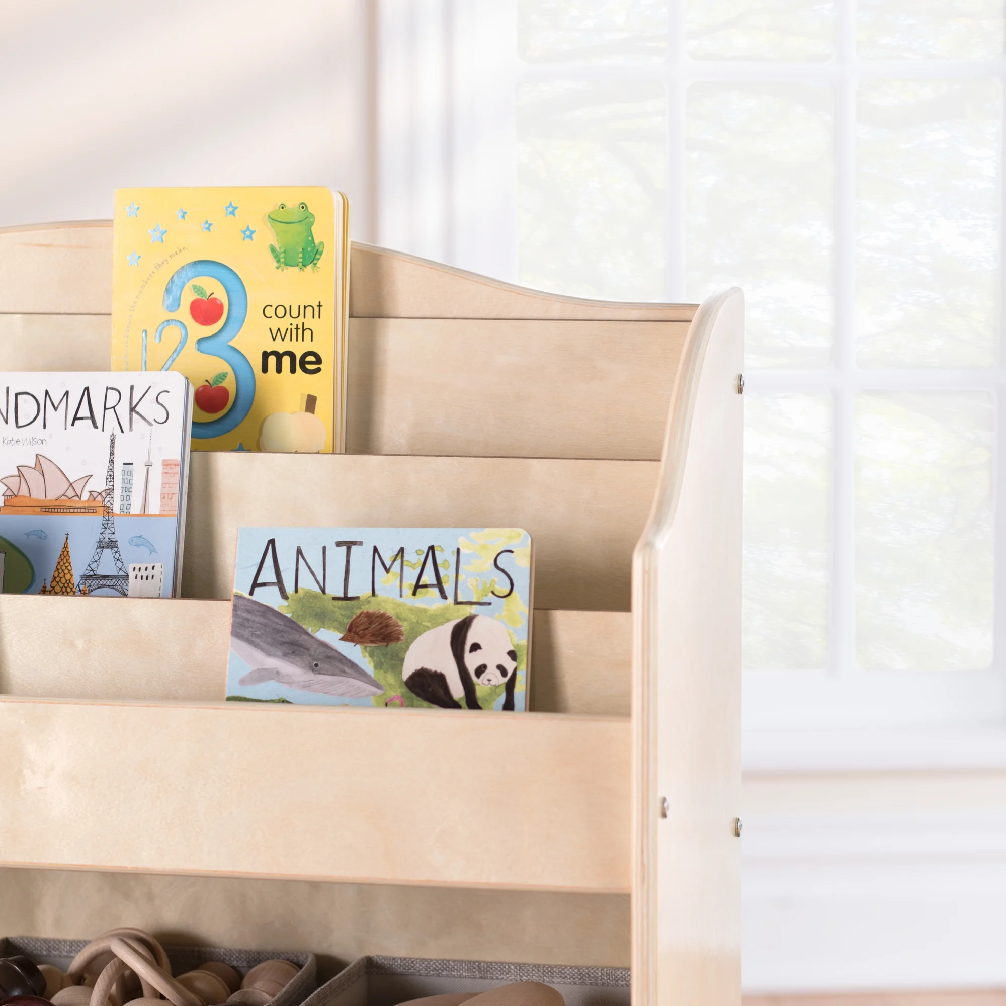 Guidecraft EdQ Essentials Book and Bin Browser Natural: 6 Fabric Storage Bins, Book Display and Toy Storage Organizer for Kids