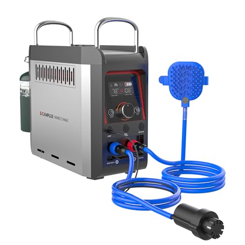 CAMPLUX Nano 3 Pro, Battery Powered Portable Water Heater, 1 lb On-Demand Propane Camping Shower, On Ground Camp Water Heater & Shower Pump