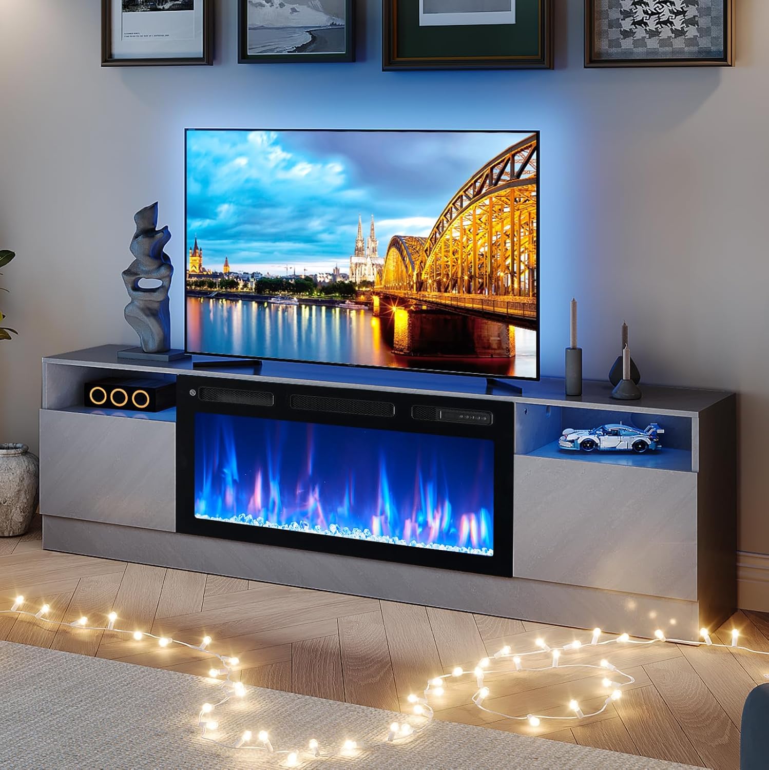 Fireplace TV Stand with 36" Electric Fireplace, LED Light Entertainment Center