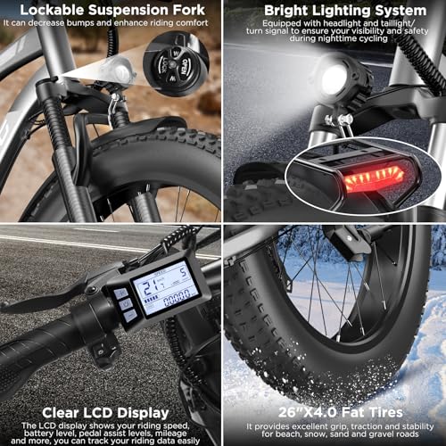 Electric Bike for Adults, 1000W Peak Ebike, 25MPH 60Miles Electric Mountain Bike, 26" Fat Tire Electric Bicycle with 48V 13AH Battery, Rear Rack