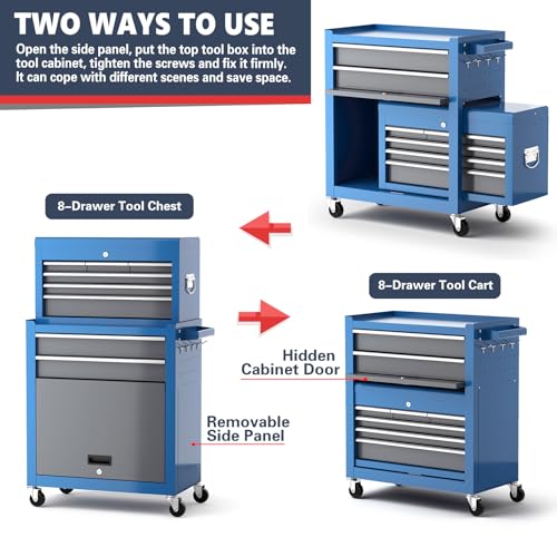 Tool Chest 8-Drawer | 42'' Large Rolling Tool Chest with Wheels | Detachable Top Metal Tool Box | Garage Storage Cabinet for Repair Room
