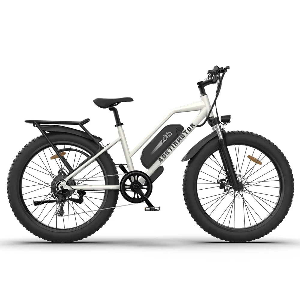 CLEARANCE! 26 750W Electric Bike Fat Tire P7 48V 13AH Removable Lithium Battery for Adults Girls with Detachable Rear Rack Fender(White)