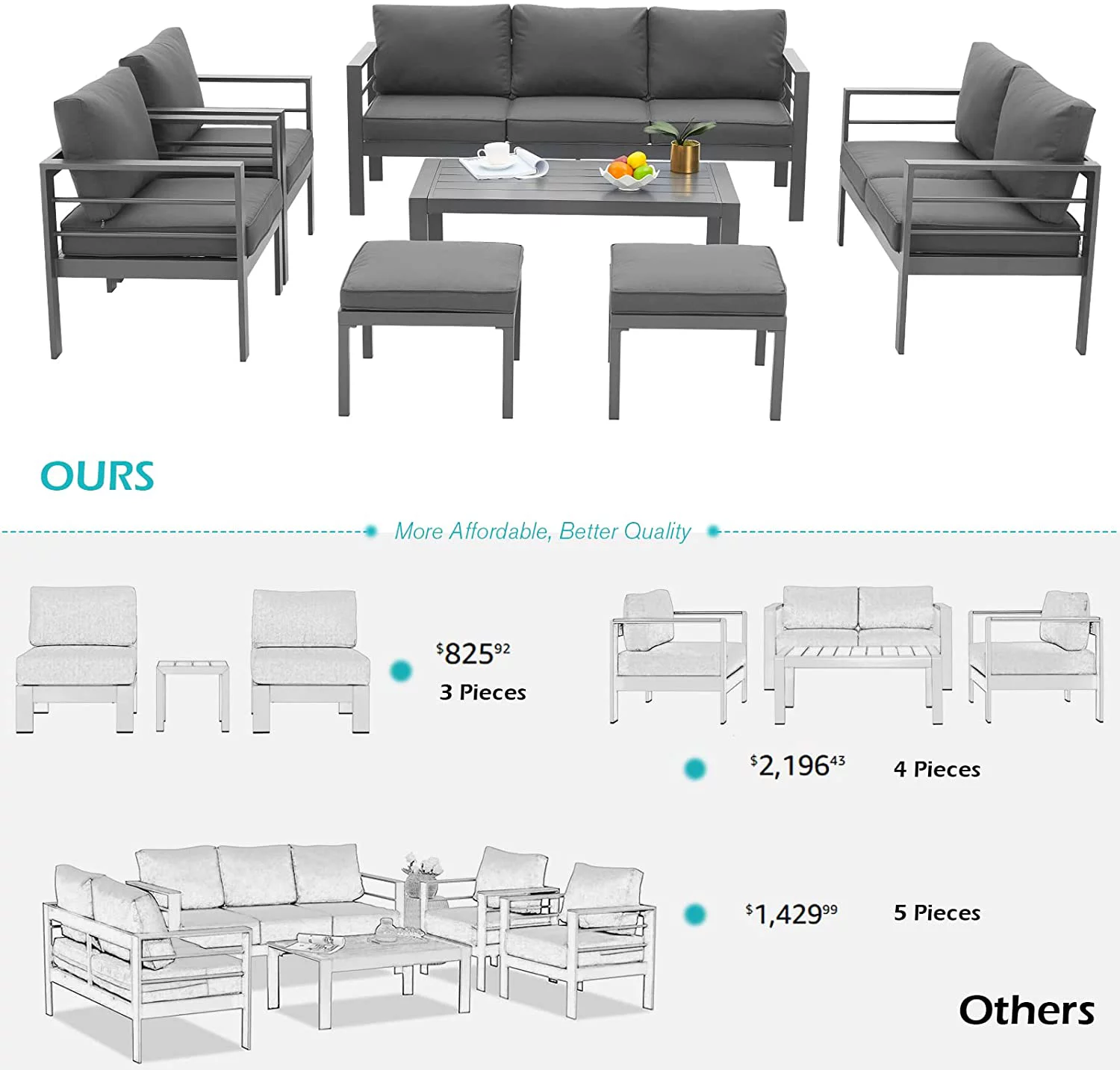 AECOJOY Aluminum Outdoor Furniture Set 7 Pieces Sectional Sofa Patio Conversation Set - Dark Gray