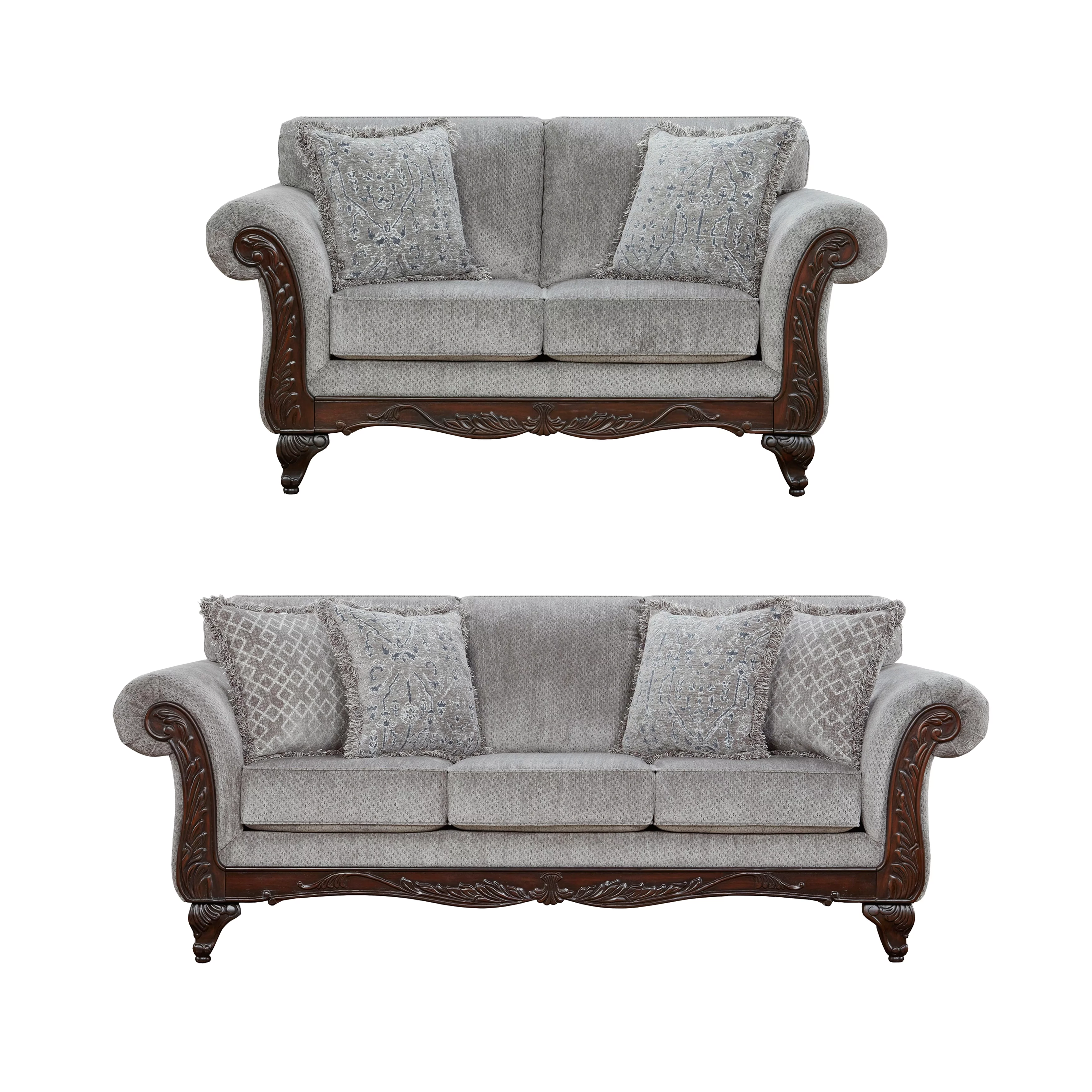 Roundhill Furniture Hernen Carved Wood Frame Polyester Sofa and Loveseat Set, Gray