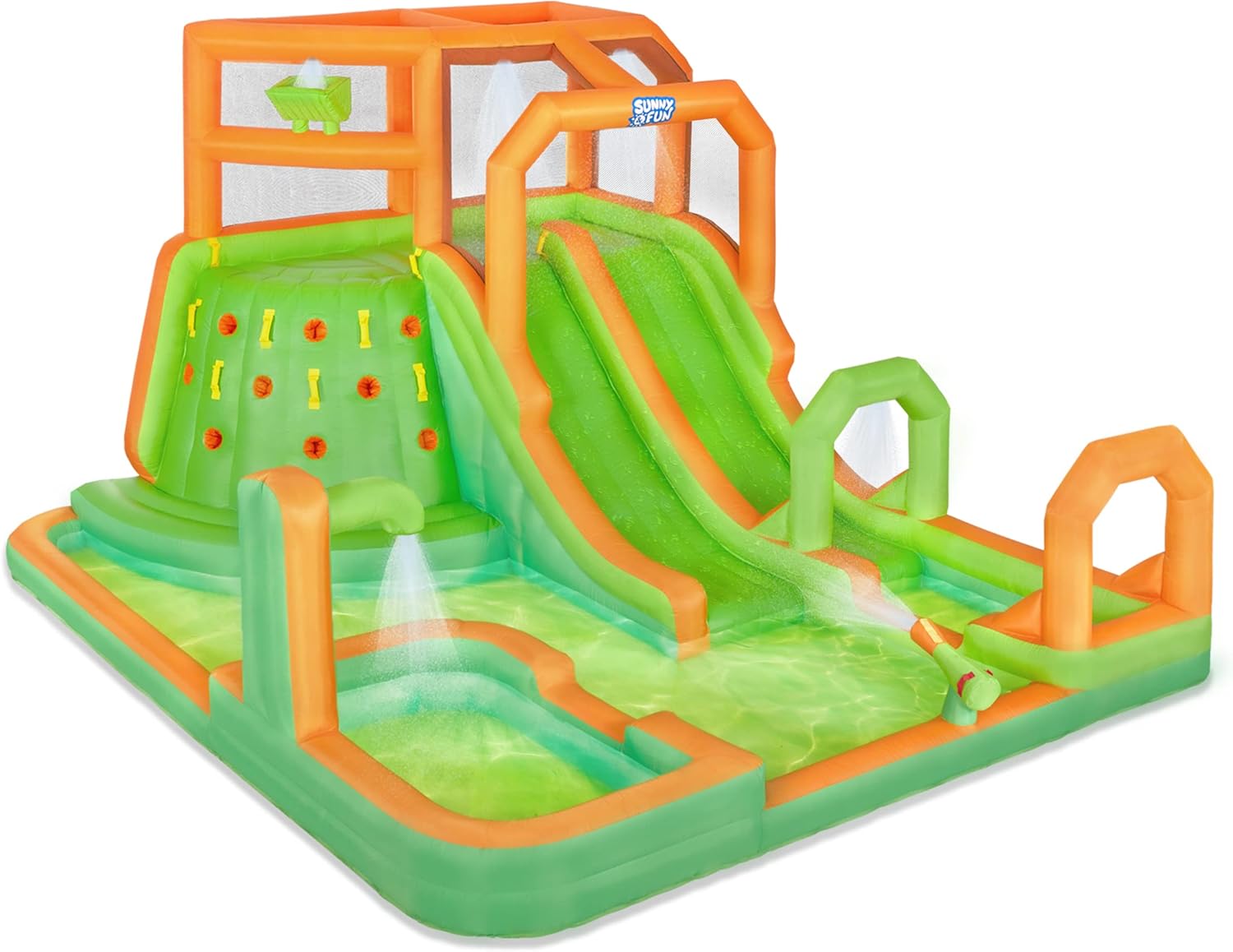 Sunny & Fun Mega Climb N’ Go Inflatable Water Slide Park – Heavy-Duty for Outdoor Fun - Climbing Wall, 2 Slides