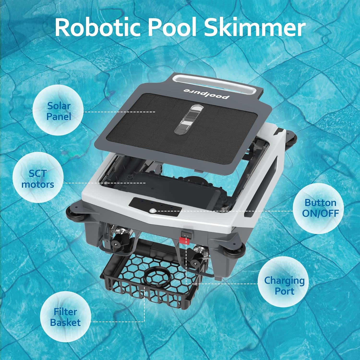 POOLPURE Pool Skimmer Robot, Solar/Battery Dual Powered Robotic Pool Skimmer