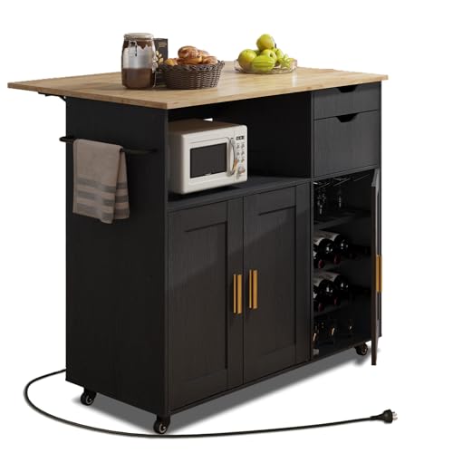 Rolling Mobile Kitchen Island Cart Bar with Drawer and Desktop Drop Leaf Countertop, Island Table Storage with 5 Wheels