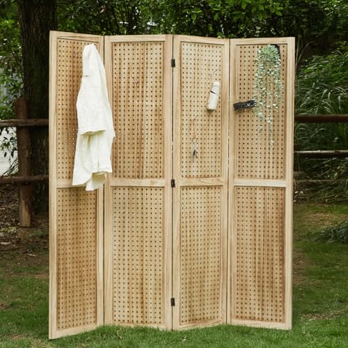 Pegboard Display, 5.6Ft Wooden Room Divider Folding Privacy Screens Portable Freestanding Wall Organizer for Retail Craft Art Display Board (4panels