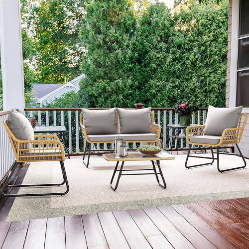 YITAHOME 4-Piece Patio Furniture Wicker Outdoor Bistro Set, All-Weather Rattan Conversation Loveseat Chairs for Backyard