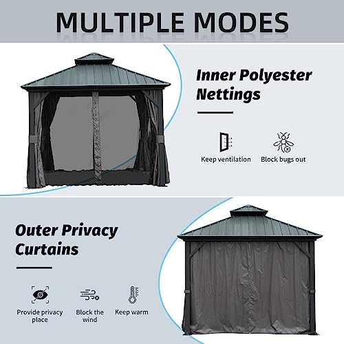 Domi 10’ x 10’ Hardtop Gazebo Metal Frame Canopy with Netting & Curtains