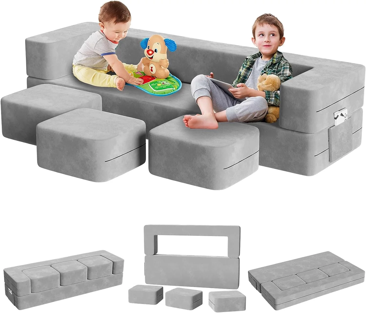 Kids Couch with 3 Ottomans, Wanan Toddler Couch for Playroom Bedroom, 5 in 1 Modular Kids Couch Fold out Sofa Kids Floor Sofa for Toddler and Baby